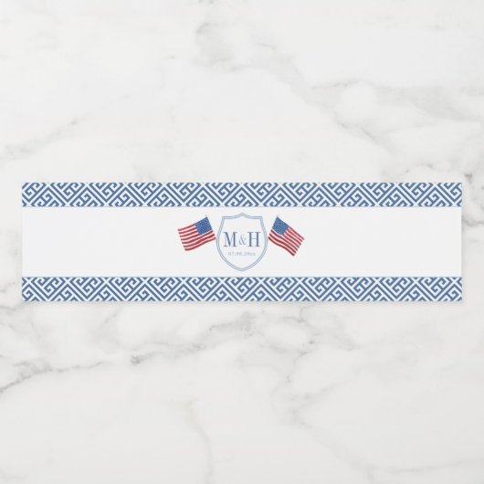 Patriottische Juli 4th Monogram Bruiloft Douche Pa Waterfles Etiket (Enkel label)
