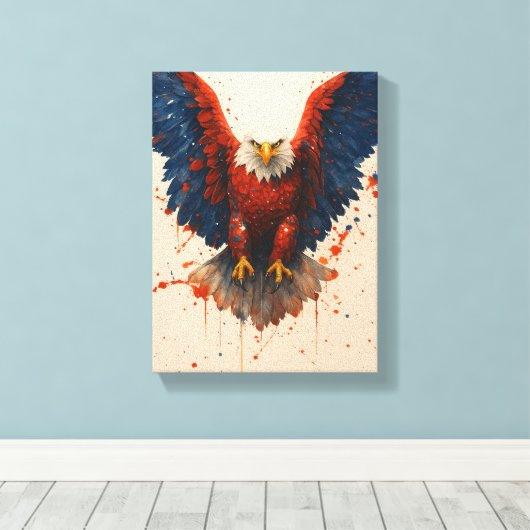 Patriottische Kale Adelaar met Rood Blauw Splatter Canvas Afdruk (Insitu (Houten vloer))