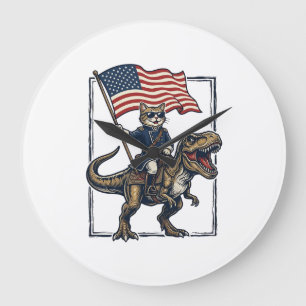 Patriottische Kat die op Dinosaurus rijdt Vintage Grote Klok