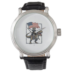 Patriottische kat die op dinosaurus rijdt vintage horloge