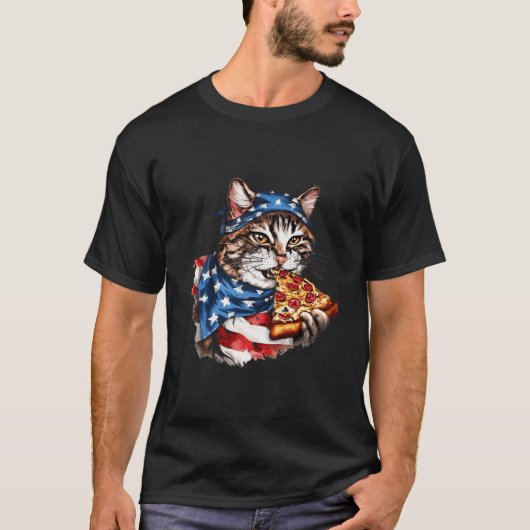 Patriottische kat eet pizza 4 juli Amerikaanse vla T-shirt (Voorkant)