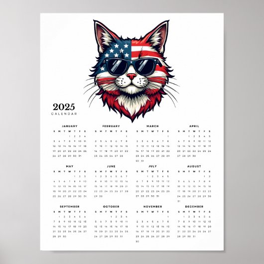 Patriottische kat in rood, wit en blauw 2025 Kalen Poster (Voorkant)