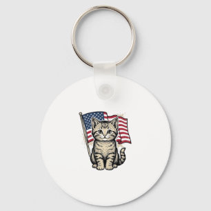 Patriottische kat met Amerikaanse vlag Vintage Vec Sleutelhanger