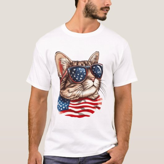 Patriottische kat met Amerikaanse vlag zonnebril, T-shirt (Voorkant)