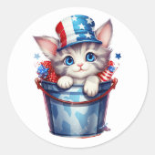 Patriottische Kat Rood Wit Blauwe Hoed Ronde Sticker (Voorkant)