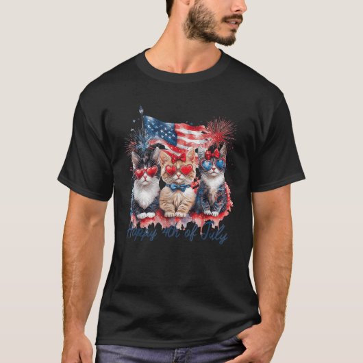 Patriottische katten Amerikaanse vlag Kat Gelukkig T-shirt (Voorkant)