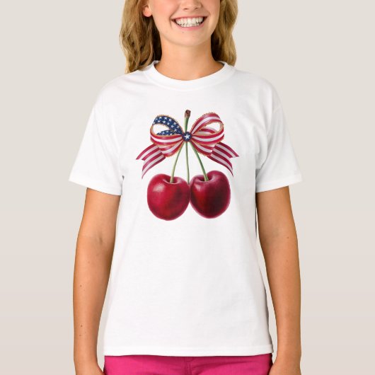 Patriottische kersen met Amerikaanse vlag lint zom T-shirt (Voorkant)