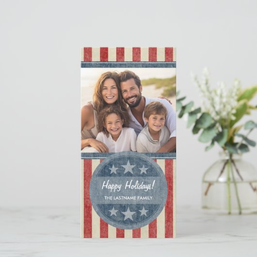 Patriottische Kerst 1 foto Amerikaanse vlag Feestdagenkaart (Staand voorkant)