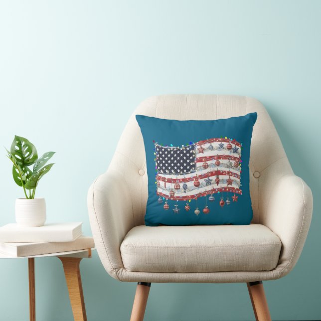 Patriottische Kerst Amerikaanse vlag met lichten Kussen (Stoel)