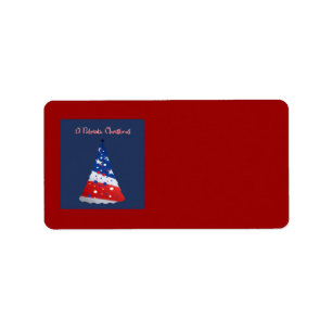 Patriottische kerst, rood, wit, blauwe boom op roo etiket