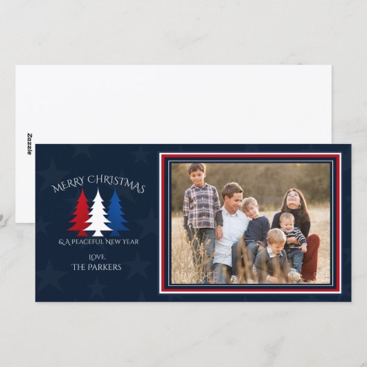 Patriottische kerstbomen Navy-blauw foto Feestdagenkaart (Voorkant / Achterkant)