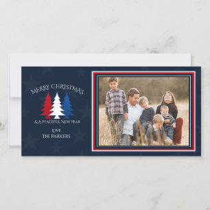 Patriottische kerstbomen Navy-blauw foto Feestdagenkaart