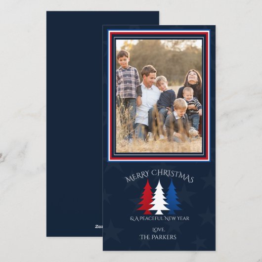 Patriottische Kerstbomen Navy Blauwe Foto Vakantie Feestdagenkaart (Voorkant / Achterkant)