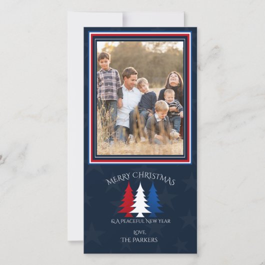 Patriottische Kerstbomen Navy Blauwe Foto Vakantie Feestdagenkaart (Voorkant)