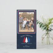 Patriottische kerstbomen Navy Blue Photo Holiday Feestdagenkaart (Staand voorkant)