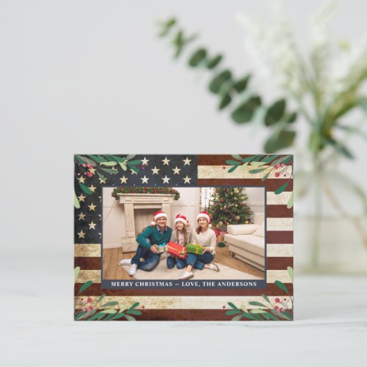 Patriottische kerstfoto  Amerikaanse vlag Briefkaart (Staand voorkant)