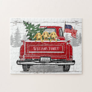Patriottische Kerstmis  Red Truck Dogs Rustic Legpuzzel