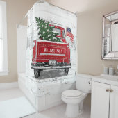 Patriottische Kerstmis  Red Truck Flag Rustic Douchegordijn (In situ)