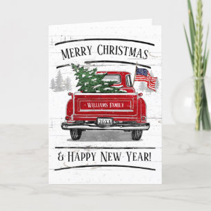 Patriottische Kerstmis  Red Truck Flag Rustic Feestdagen Kaart