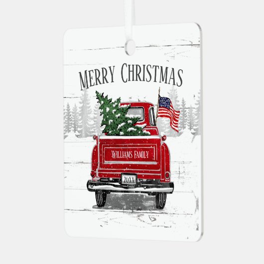 Patriottische Kerstmis  Red Truck Flag Rustic Metalen Ornament (Voorkant links)