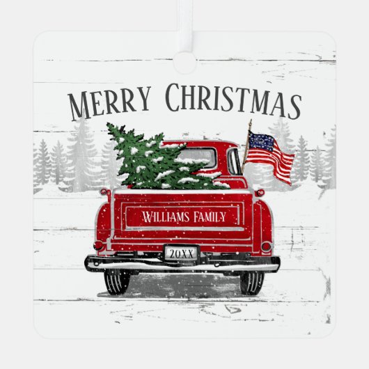 Patriottische Kerstmis  Red Truck Flag Rustic Metalen Ornament (Achterkant)
