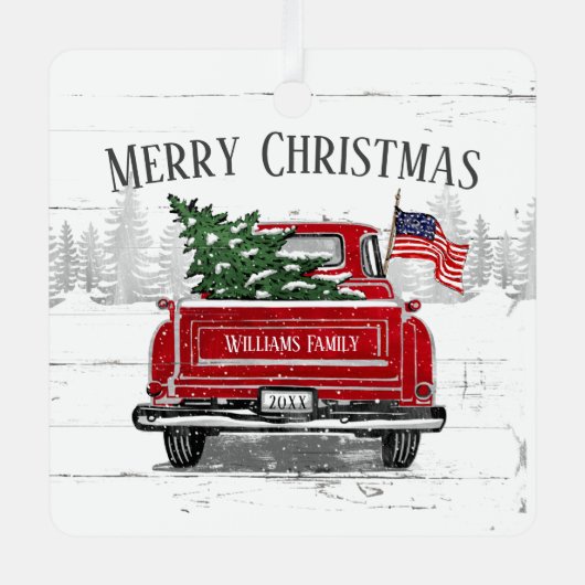 Patriottische Kerstmis  Red Truck Flag Rustic Metalen Ornament (Voorkant)