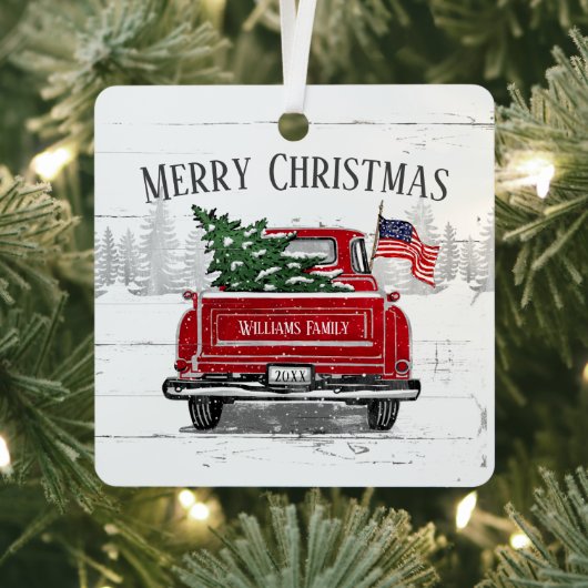 Patriottische Kerstmis  Red Truck Flag Rustic Metalen Ornament (Insitu)
