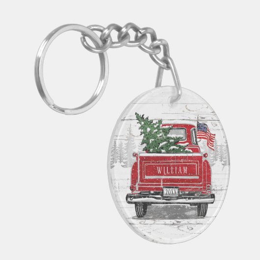 Patriottische Kerstmis Red Truck Flag Rustic Sleutelhanger (Voorkant Links)