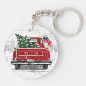 Patriottische Kerstmis  Red Truck Flag Rustic Sleutelhanger (Achterkant)