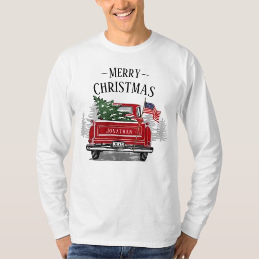 Patriottische Kerstmis Red Truck Vlag VS T-shirt (Voorkant)