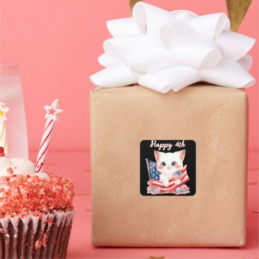 Patriottische Kitten 4 juli Gelukkig 4th Custom Vierkante Sticker (Feest)