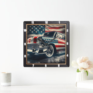 Patriottische klassieke auto vierkante klok