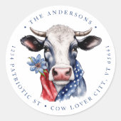 Patriottische Koe 4 juli Boerderij terug adres Ronde Sticker (Voorkant)