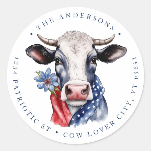 Patriottische Koe 4 juli Boerderij terug adres Ronde Sticker (Voorkant)