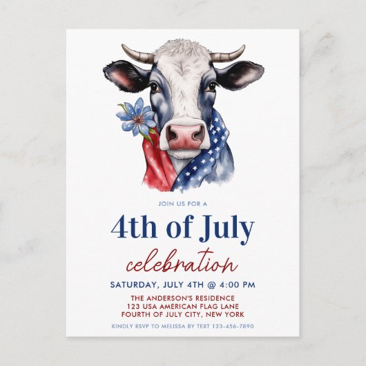 Patriottische Koe 4 juli Rood Wit & Blauw Partij Uitnodiging Briefkaart (Voorkant)