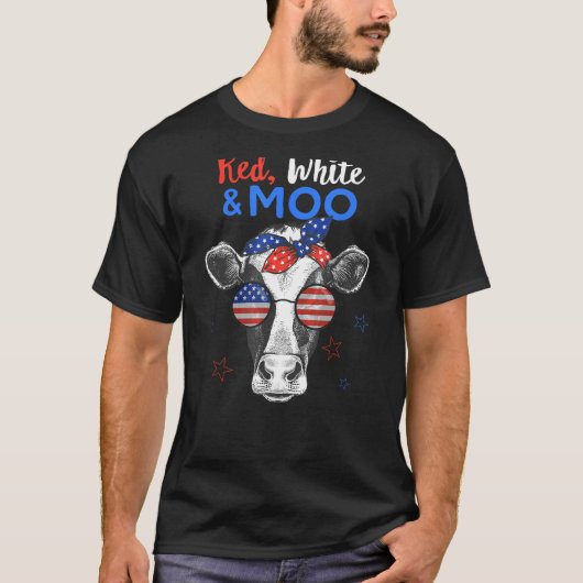 Patriottische Koe VS Vlag Grappig 4 juli Rood Wit T-shirt (Voorkant)