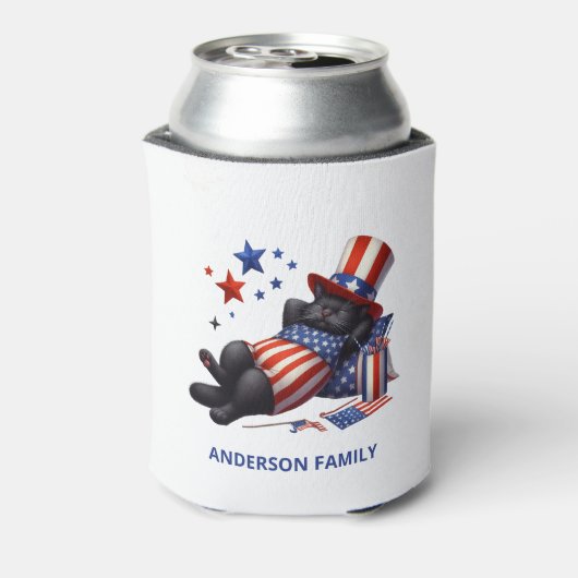 Patriottische Lazy Black Cat 4th van juli Blikjeskoeler (Blikje Achterkant)