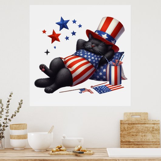 Patriottische Lazy Black Cat 4th van juli Poster (Keuken)