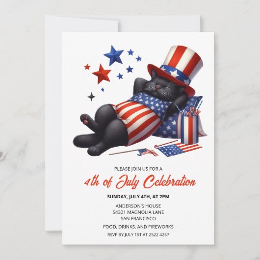 Patriottische Lazy Black Cat 4th van juli Uitnodig Save The Date (Voorkant)