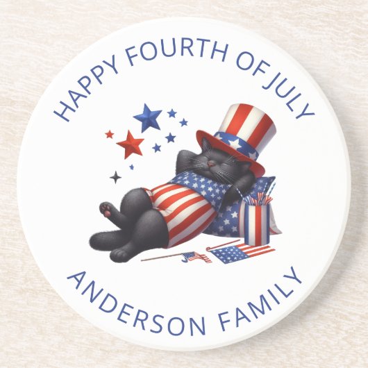 Patriottische Lazy Black Cat 4th van juli Zandsteen Onderzetter (Voorkant)