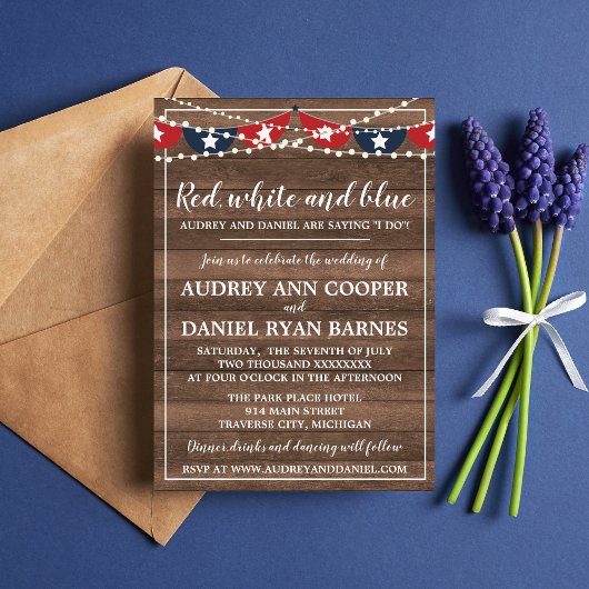 Patriottische lichten Vierde van juli Banner Weddi Kaart