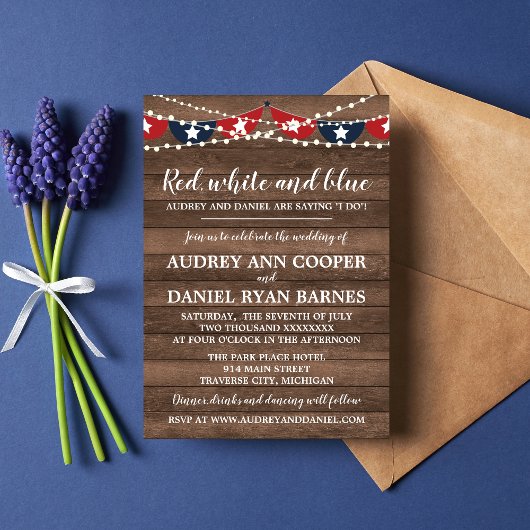 Patriottische lichten Vierde van juli Banner Weddi Kaart