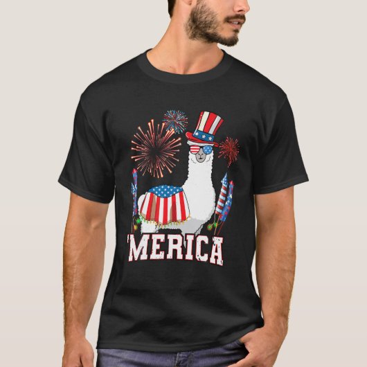 Patriottische Llama Merica Grappig 4 juli Vuurwerk T-shirt (Voorkant)