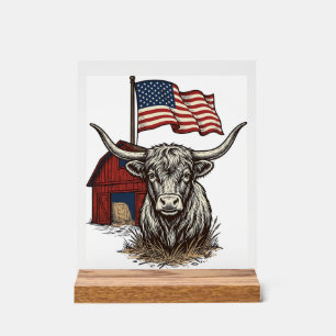 Patriottische Longhorn Koe en Rode Schuur Vectoron Acryl Bord