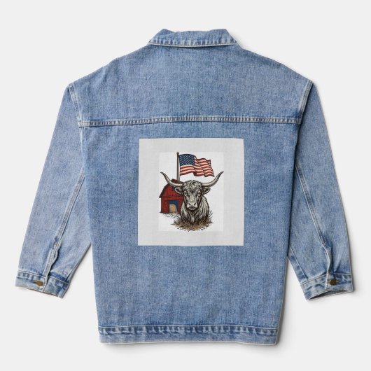 Patriottische Longhorn Koe en Rode Schuur Vectoron Denim Jacket (Achterkant)