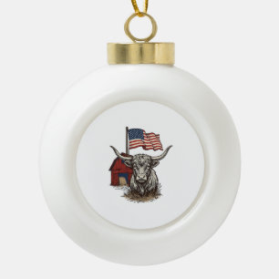 Patriottische Longhorn Koe en Rode Schuur Vectoron Keramische Bal Ornament