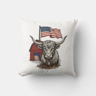 Patriottische Longhorn Koe en Rode Schuur Vectoron Kussen