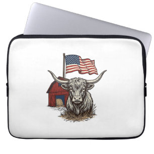 Patriottische Longhorn Koe en Rode Schuur Vectoron Laptop Sleeve
