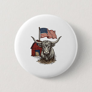 Patriottische Longhorn Koe en Rode Schuur Vectoron Ronde Button 5,7 Cm