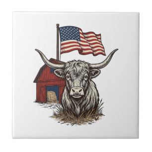 Patriottische Longhorn Koe en Rode Schuur Vectoron Tegeltje